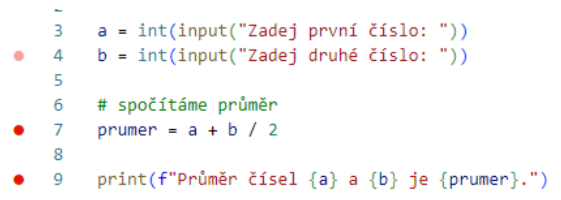 Ukázka debuggeru v IDE s vyznačenými breakpoints